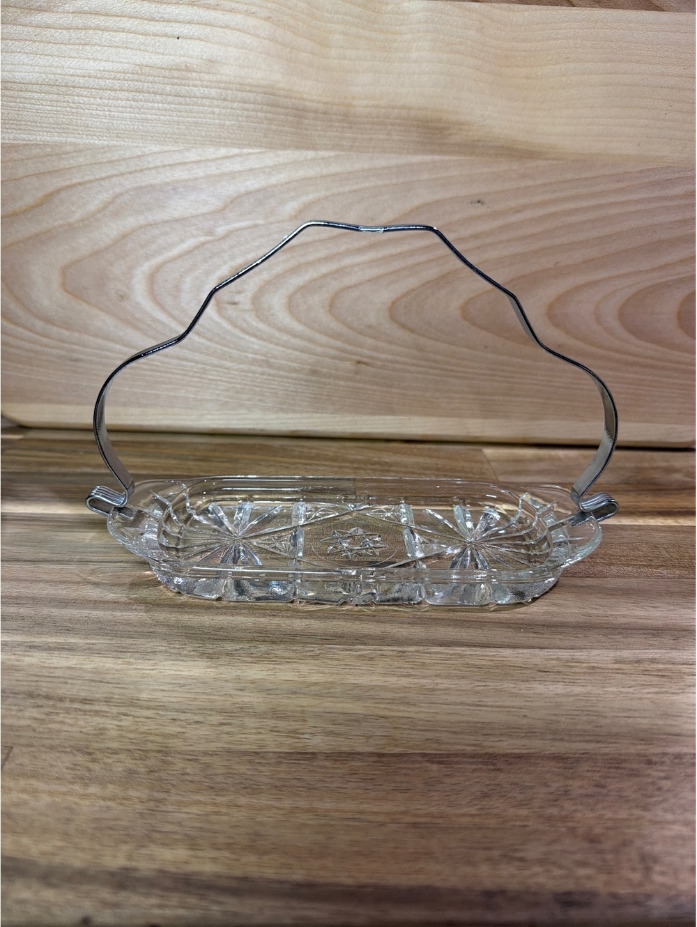 Vintage Clear Glass Relish Tray with Silver Tone Handle
